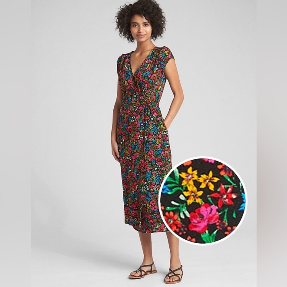GAP Black and Pink Floral Wrap Dress with Cap Sleeves